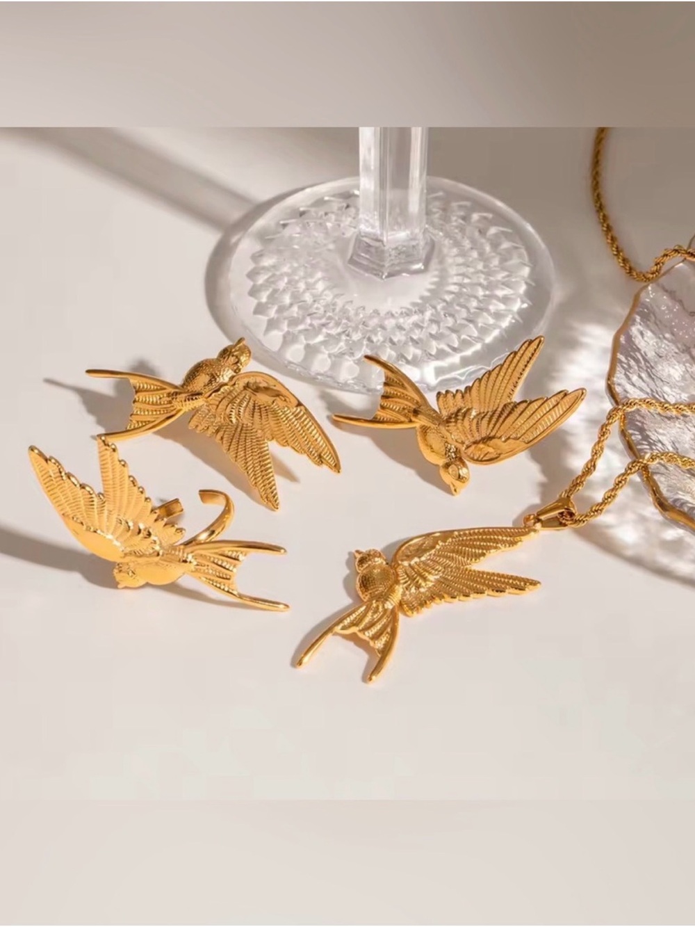 Gold Bird Motif Necklace Earrings and Ring Set
Waterproof Tarnish free - Picture 3 of 7